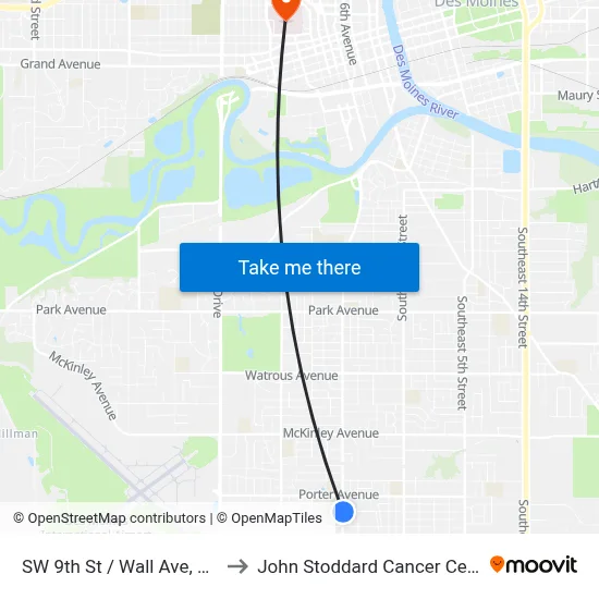 SW 9th St / Wall Ave, Dsm to John Stoddard Cancer Center map