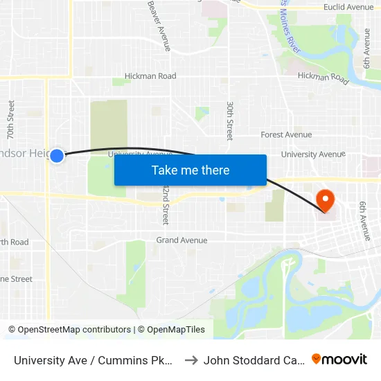 University Ave / Cummins Pkwy (Far-Side), Dsm to John Stoddard Cancer Center map
