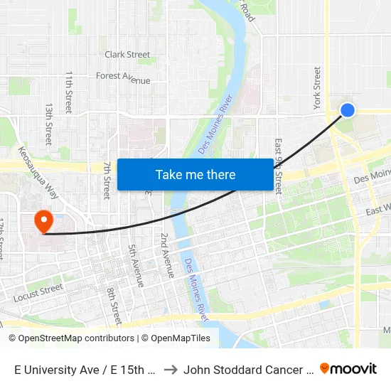 E University Ave / E 15th St, Dsm to John Stoddard Cancer Center map
