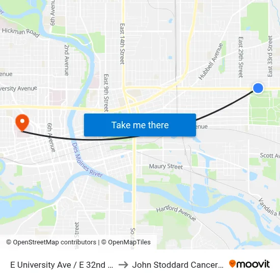 E University Ave / E 32nd St, Dsm to John Stoddard Cancer Center map