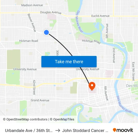 Urbandale Ave / 36th St, Dsm to John Stoddard Cancer Center map