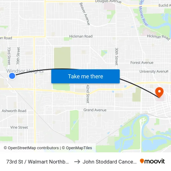 73rd St / Walmart Northbound, Wht to John Stoddard Cancer Center map