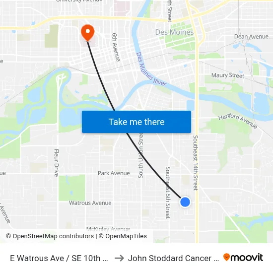 E Watrous Ave / SE 10th St, Dsm to John Stoddard Cancer Center map