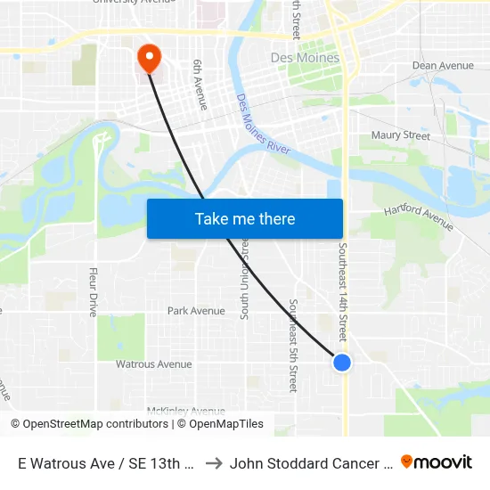 E Watrous Ave / SE 13th St, Dsm to John Stoddard Cancer Center map
