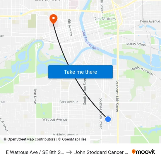 E Watrous Ave / SE 8th St, Dsm to John Stoddard Cancer Center map
