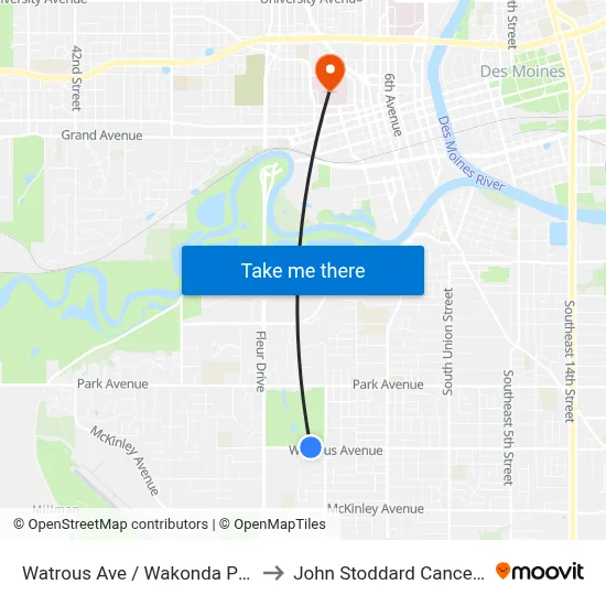Watrous Ave / Wakonda Pkwy, Dsm to John Stoddard Cancer Center map