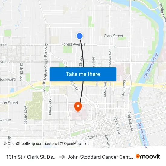 13th St / Clark St, Dsm to John Stoddard Cancer Center map