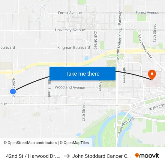 42nd St / Harwood Dr, Dsm to John Stoddard Cancer Center map