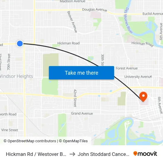 Hickman Rd / Westover Blvd, Dsm to John Stoddard Cancer Center map