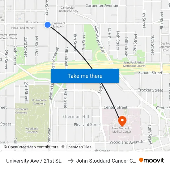 University Ave / 21st St, Dsm to John Stoddard Cancer Center map
