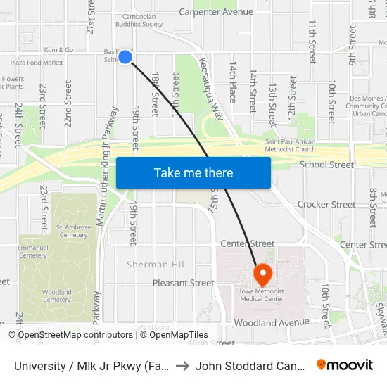 University / Mlk Jr Pkwy (Far-Side), Dsm to John Stoddard Cancer Center map