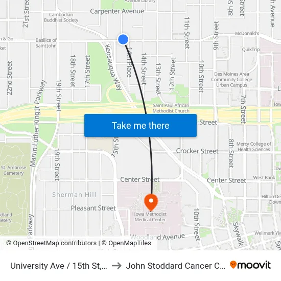 University Ave / 15th St, Dsm to John Stoddard Cancer Center map