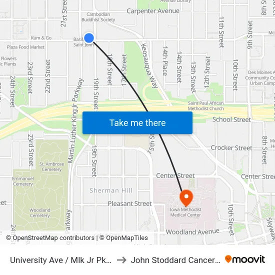 University Ave / Mlk Jr Pkwy, Dsm to John Stoddard Cancer Center map