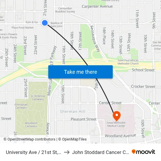 University Ave / 21st St, Dsm to John Stoddard Cancer Center map