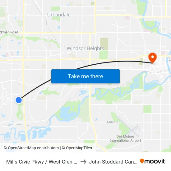 Mills Civic Pkwy / West Glen Town Cir, Wdm to John Stoddard Cancer Center map