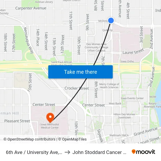 6th Ave / University Ave, Dsm to John Stoddard Cancer Center map