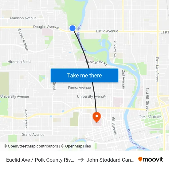 Euclid Ave / Polk County River Place, Dsm to John Stoddard Cancer Center map