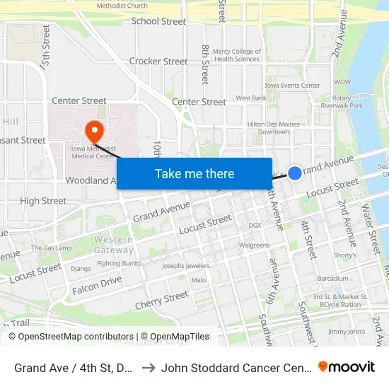 Grand Ave / 4th St, Dsm to John Stoddard Cancer Center map