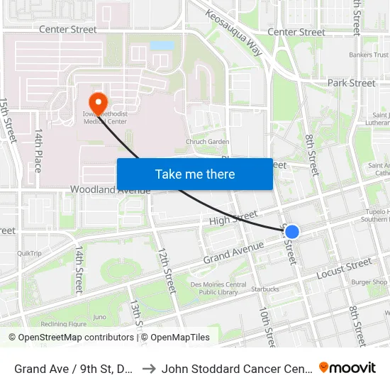 Grand Ave / 9th St, Dsm to John Stoddard Cancer Center map