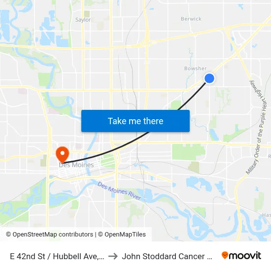 E 42nd St / Hubbell Ave, Dsm to John Stoddard Cancer Center map