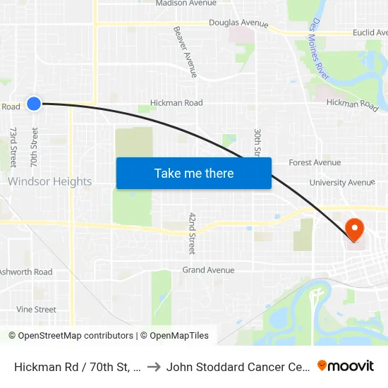 Hickman Rd / 70th St, Urb to John Stoddard Cancer Center map