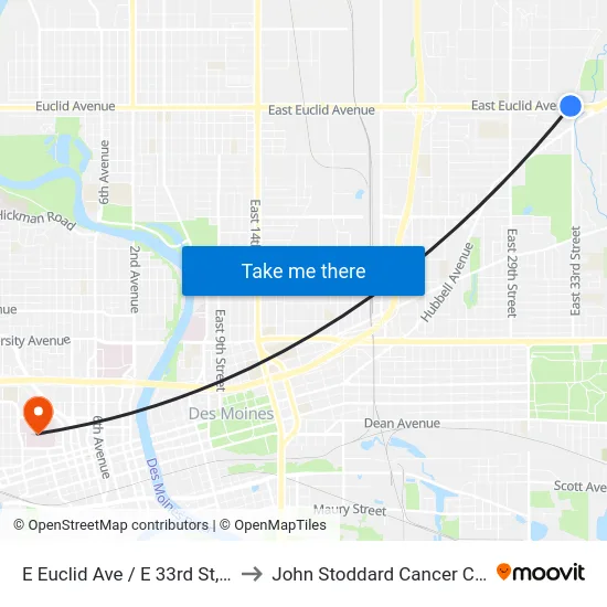 E Euclid Ave / E 33rd St, Dsm to John Stoddard Cancer Center map