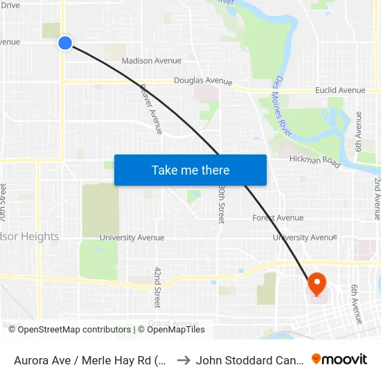 Aurora Ave / Merle Hay Rd (Far-Side), Dsm to John Stoddard Cancer Center map