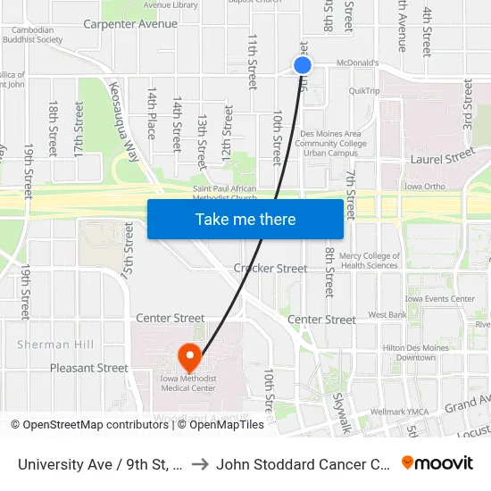 University Ave / 9th St, Dsm to John Stoddard Cancer Center map