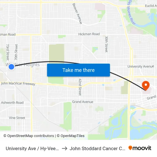 University Ave / Hy-Vee, Wht to John Stoddard Cancer Center map
