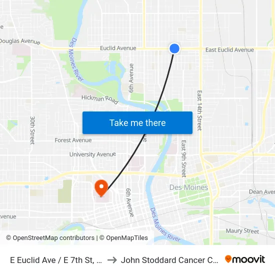 E Euclid Ave / E 7th St, Dsm to John Stoddard Cancer Center map