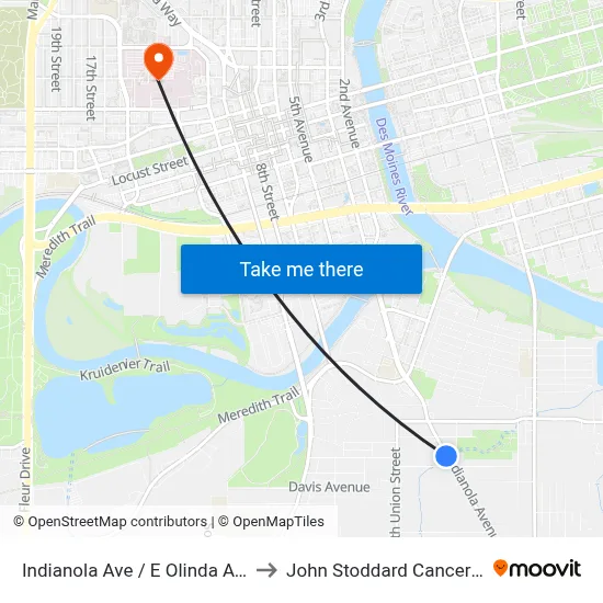 Indianola Ave / E Olinda Ave, Dsm to John Stoddard Cancer Center map