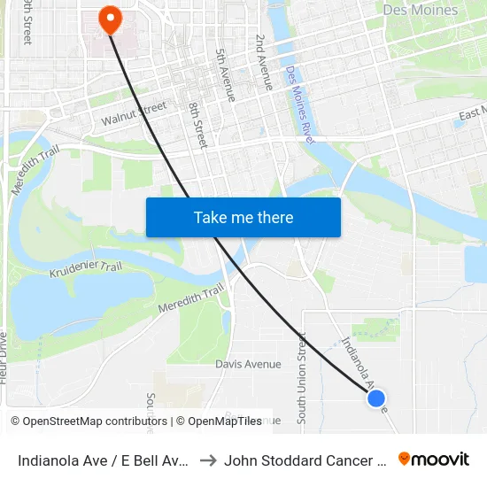 Indianola Ave / E Bell Ave, Dsm to John Stoddard Cancer Center map
