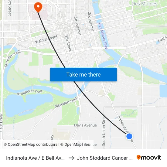 Indianola Ave / E Bell Ave, Dsm to John Stoddard Cancer Center map