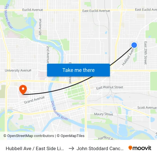 Hubbell Ave / East Side Library, Dsm to John Stoddard Cancer Center map