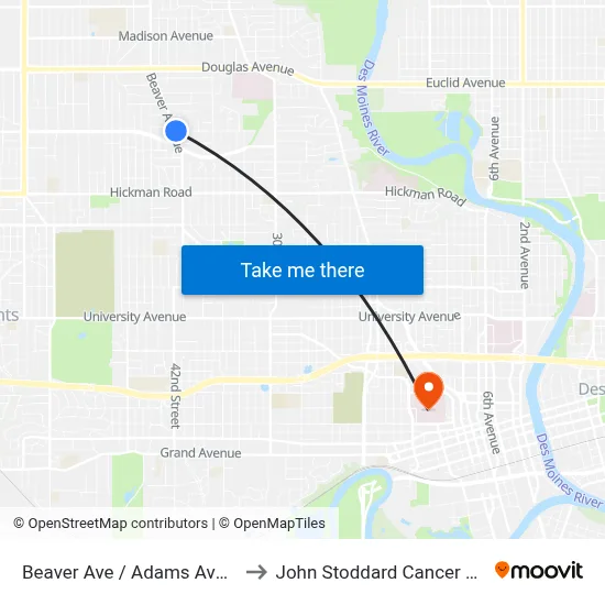 Beaver Ave / Adams Ave, Dsm to John Stoddard Cancer Center map