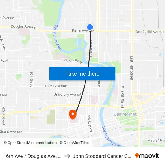 6th Ave / Douglas Ave, Dsm to John Stoddard Cancer Center map
