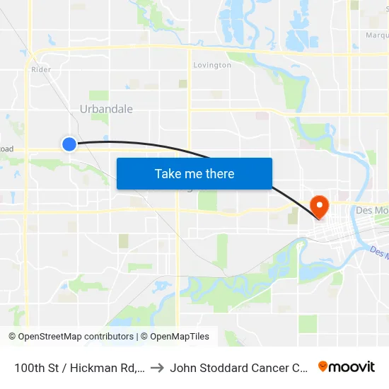 100th St / Hickman Rd, Urb to John Stoddard Cancer Center map