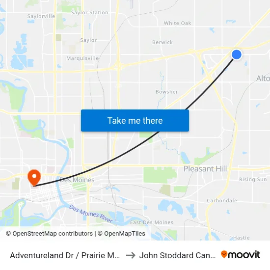 Adventureland Dr / Prairie Meadows Dr, Alt to John Stoddard Cancer Center map