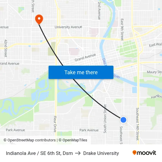 Indianola Ave / SE 6th St, Dsm to Drake University map