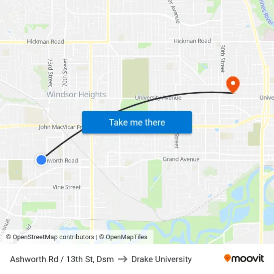 Ashworth Rd / 13th St, Dsm to Drake University map