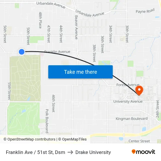 Franklin Ave / 51st St, Dsm to Drake University map