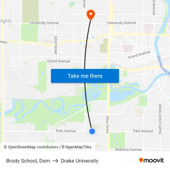 Brody School, Dsm to Drake University map