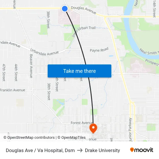 Douglas Ave / Va Hospital, Dsm to Drake University map