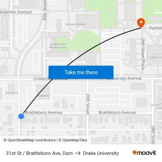 31st St / Brattleboro Ave, Dsm to Drake University map