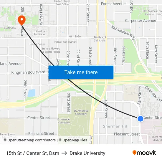 15th St / Center St, Dsm to Drake University map