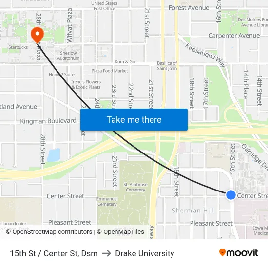 15th St / Center St, Dsm to Drake University map