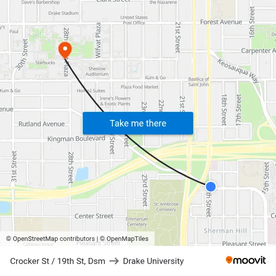 Crocker St / 19th St, Dsm to Drake University map