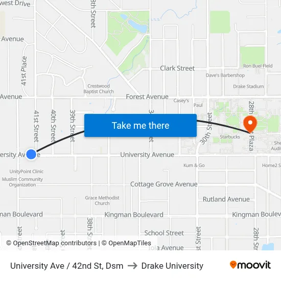 University Ave / 42nd St, Dsm to Drake University map