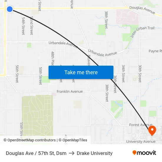 Douglas Ave / 57th St, Dsm to Drake University map