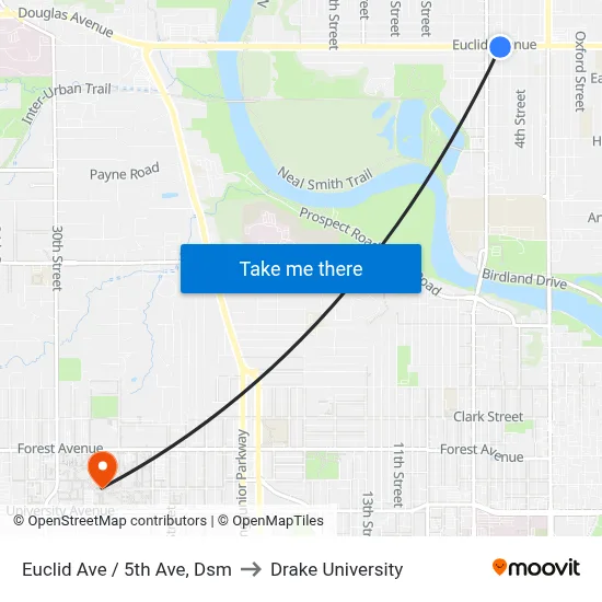 Euclid Ave / 5th Ave, Dsm to Drake University map